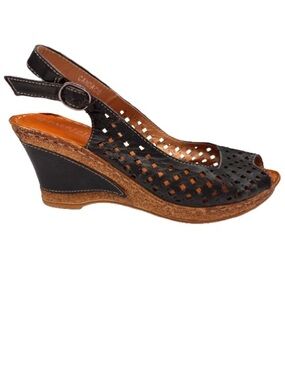 Patrizia Candace Wedge Sandals Black Leather Perforated Slingback Comfort Sz 6